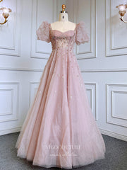 Pink Beaded Prom Dresses Puffed Sleeve Sparkly Tulle Princess Dresses 22078