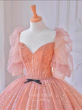 Prom Dress 2025 Pink Beaded Quinceanera Dresses Puffed Sleeve Sweet 15 Dresses 21162-unique elegant Prom Dresses-Pink-Custom Size-vigocouture