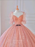 Prom Dress 2025 Pink Beaded Quinceanera Dresses Puffed Sleeve Sweet 15 Dresses 21162-unique elegant Prom Dresses-Pink-Custom Size-vigocouture