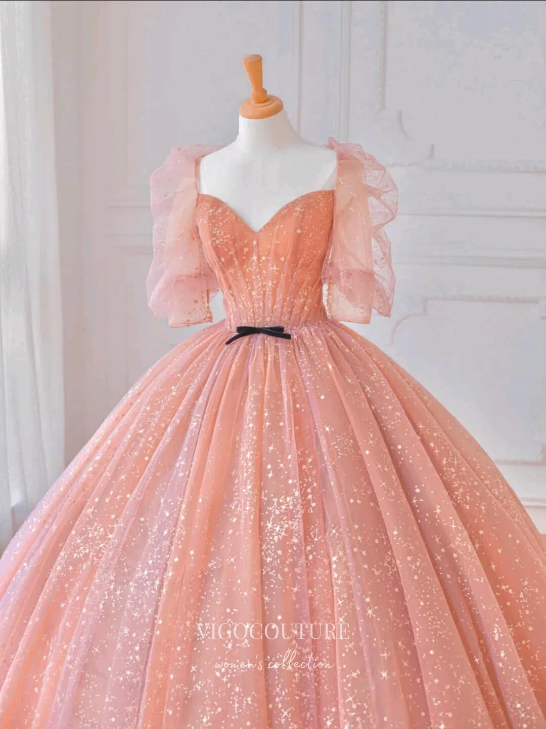 Pink Beaded Quinceanera Dresses Puffed Sleeve Sweet 15 Dresses 21162 vigocouture Pink Beaded Quinceanera Dresses Puffed Sleeve Sweet 15 Dresses 21162 vigocouture