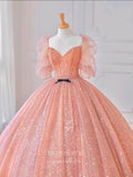 Prom Dress 2025 Pink Beaded Quinceanera Dresses Puffed Sleeve Sweet 15 Dresses 21162-unique elegant Prom Dresses-Pink-Custom Size-vigocouture