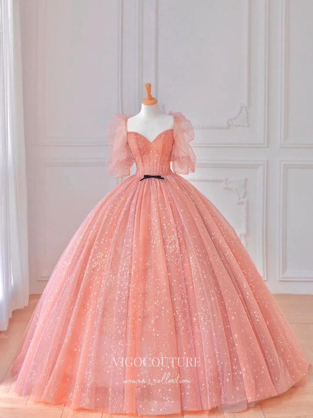 Prom Dress 2025 Pink Beaded Quinceanera Dresses Puffed Sleeve Sweet 15 Dresses 21162-unique elegant Prom Dresses-Pink-Custom Size-vigocouture