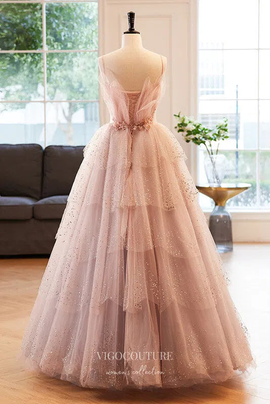 Prom Dress 2025 Pink Beaded Ruffled Prom Dress with Spaghetti Strap 22271-unique elegant Prom Dresses-Pink-Custom Size-vigocouture