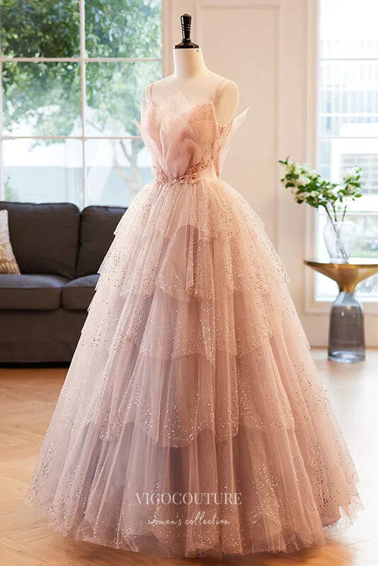 Prom Dress 2025 Pink Beaded Ruffled Prom Dress with Spaghetti Strap 22271-unique elegant Prom Dresses-Pink-Custom Size-vigocouture