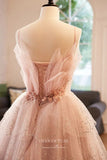 Prom Dress 2025 Pink Beaded Ruffled Prom Dress with Spaghetti Strap 22271-unique elegant Prom Dresses-Pink-Custom Size-vigocouture