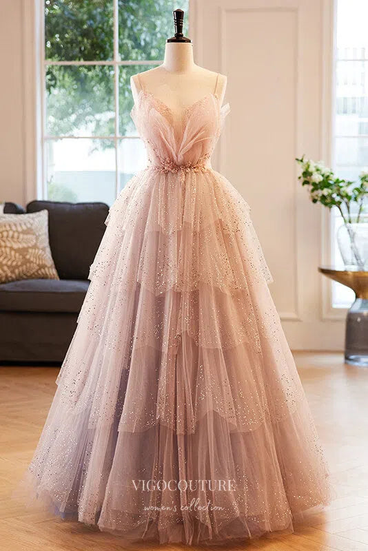 Prom Dress 2025 Pink Beaded Ruffled Prom Dress with Spaghetti Strap 22271-unique elegant Prom Dresses-Pink-Custom Size-vigocouture