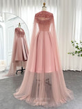 Prom Dress 2025 Pink Beaded Satin Pageant Dresses Removable Cape Sleeve Maxi Dress 25031-unique elegant Prom Dresses-Pink-US2-vigocouture