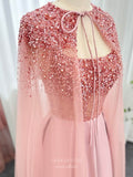 Prom Dress 2025 Pink Beaded Satin Pageant Dresses Removable Cape Sleeve Maxi Dress 25031-unique elegant Prom Dresses-Pink-US2-vigocouture