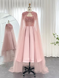 Pink Beaded Satin Pageant Dresses Removable Cape Sleeve Maxi Dress 25031