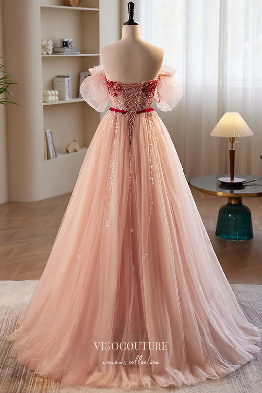 Prom Dress 2025 Pink Beaded Tulle Prom Dress with Removable Puffed Sleeve 22306-unique elegant Prom Dresses-Pink-Custom Size-vigocouture