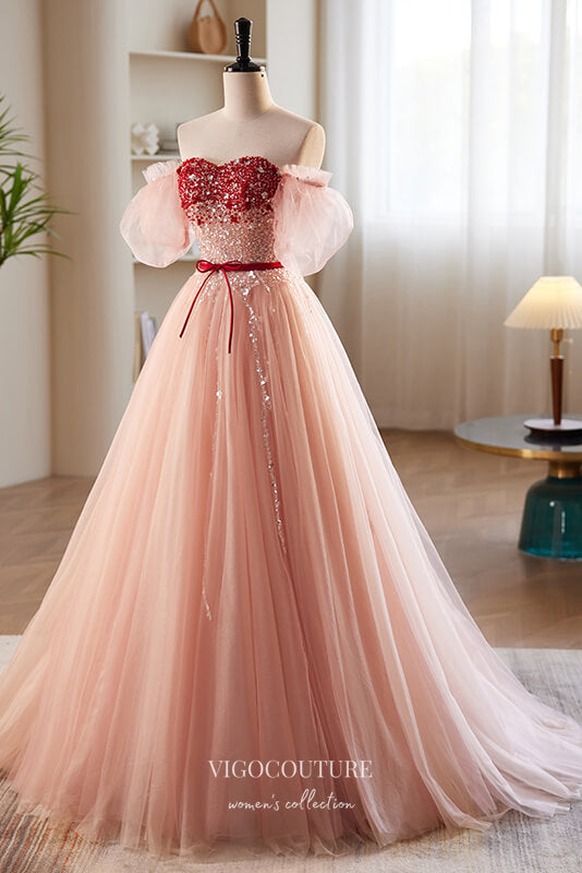 Prom Dress 2025 Pink Beaded Tulle Prom Dress with Removable Puffed Sleeve 22306-unique elegant Prom Dresses-Pink-Custom Size-vigocouture