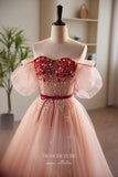 Prom Dress 2025 Pink Beaded Tulle Prom Dress with Removable Puffed Sleeve 22306-unique elegant Prom Dresses-Pink-Custom Size-vigocouture