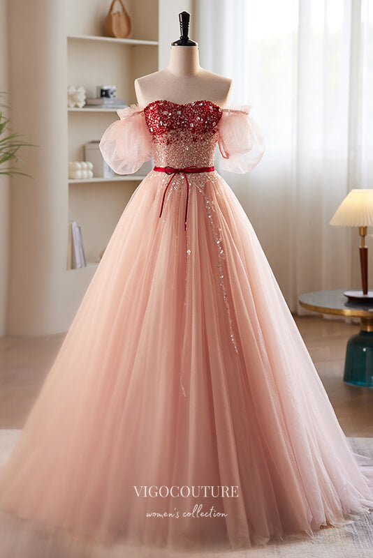 Prom Dress 2025 Pink Beaded Tulle Prom Dress with Removable Puffed Sleeve 22306-unique elegant Prom Dresses-Pink-Custom Size-vigocouture