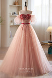 Prom Dress 2025 Pink Beaded Tulle Prom Dress with Removable Puffed Sleeve 22306-unique elegant Prom Dresses-Pink-Custom Size-vigocouture