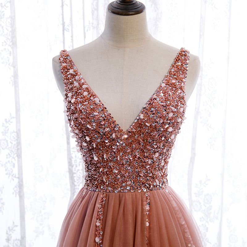 Prom Dress 2025 Pink Beaded V-Neck Prom Dress 20920-unique elegant Prom Dresses-Pink-Custom Size-vigocouture