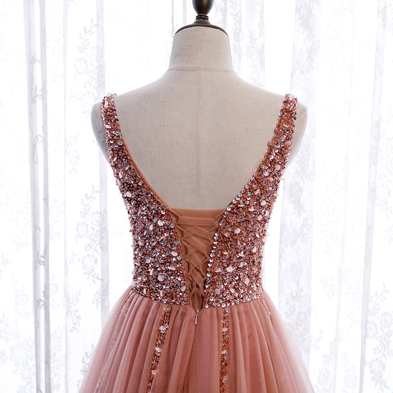 Prom Dress 2025 Pink Beaded V-Neck Prom Dress 20920-unique elegant Prom Dresses-Pink-Custom Size-vigocouture