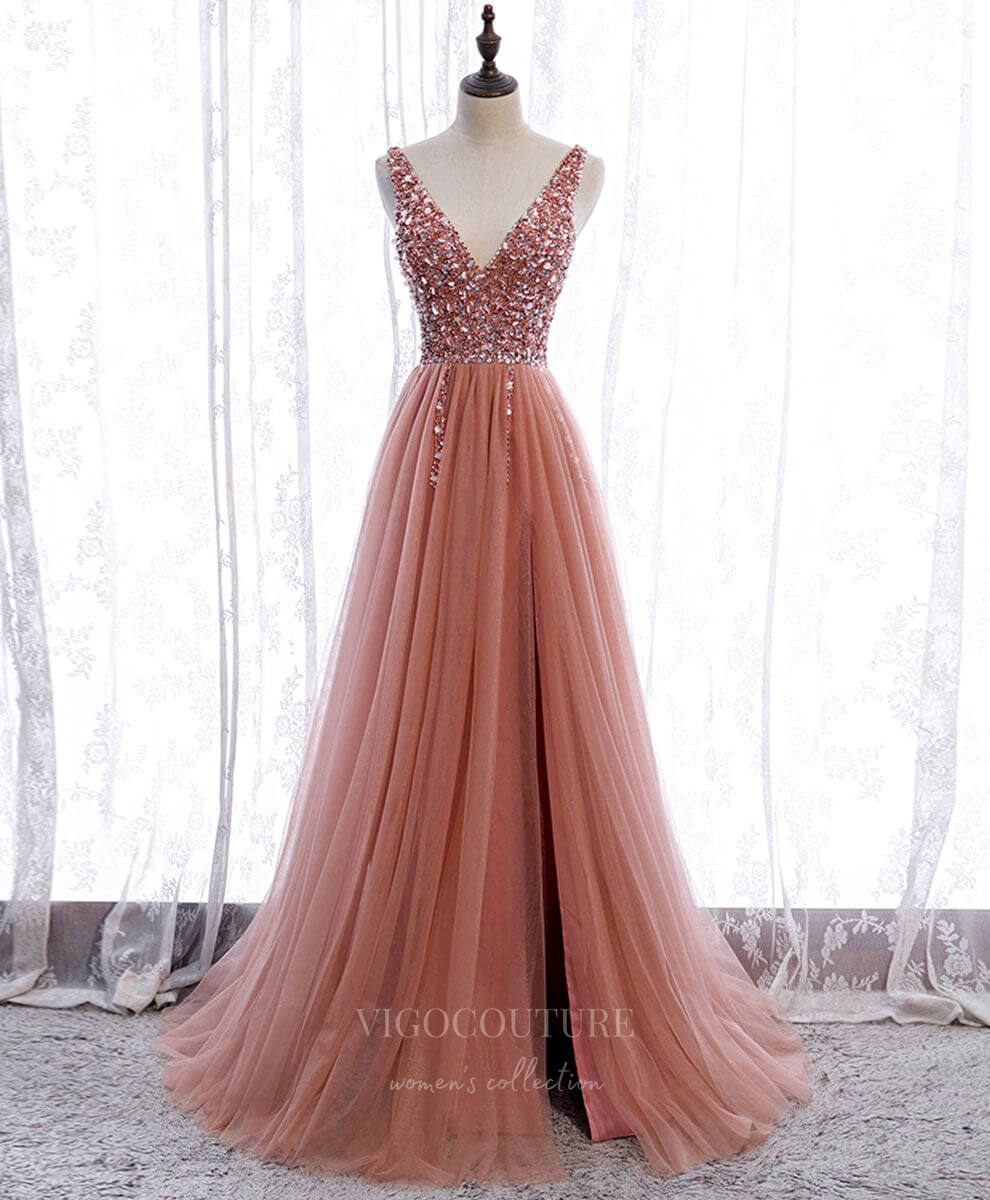 Prom Dress 2025 Pink Beaded V-Neck Prom Dress 20920-unique elegant Prom Dresses-Pink-Custom Size-vigocouture