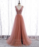 Prom Dress 2025 Pink Beaded V-Neck Prom Dress 20920-unique elegant Prom Dresses-Pink-Custom Size-vigocouture