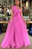 Prom Dress 2025 Pink Bow-Tie One Shoulder Prom Dresses Pleated Tulle Formal Gown 24468-unique elegant Prom Dresses-Pink-Custom Size-vigocouture