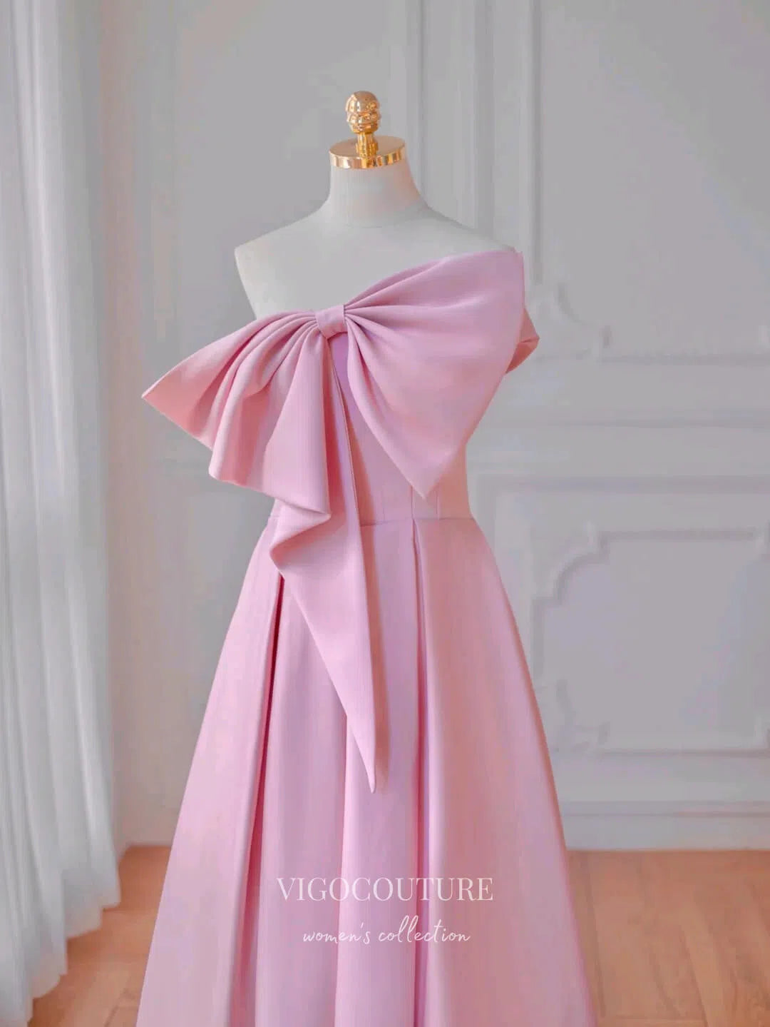 Prom Dress 2025 Pink Bow-Tie Prom Dresses One Shoulder Formal Dresses 21165-unique elegant Prom Dresses-Pink-Custom Size-vigocouture