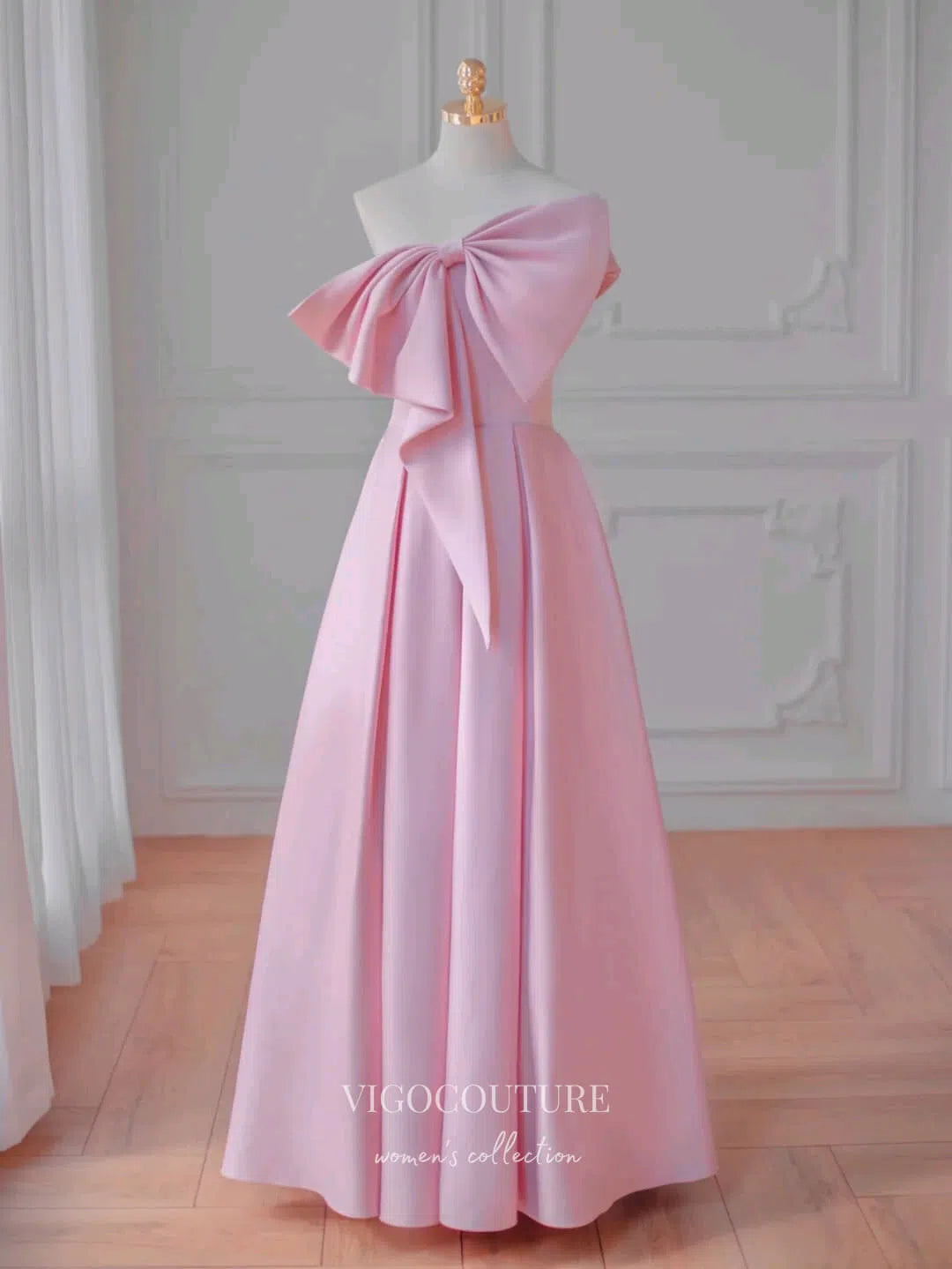 Prom Dress 2025 Pink Bow-Tie Prom Dresses One Shoulder Formal Dresses 21165-unique elegant Prom Dresses-Pink-Custom Size-vigocouture