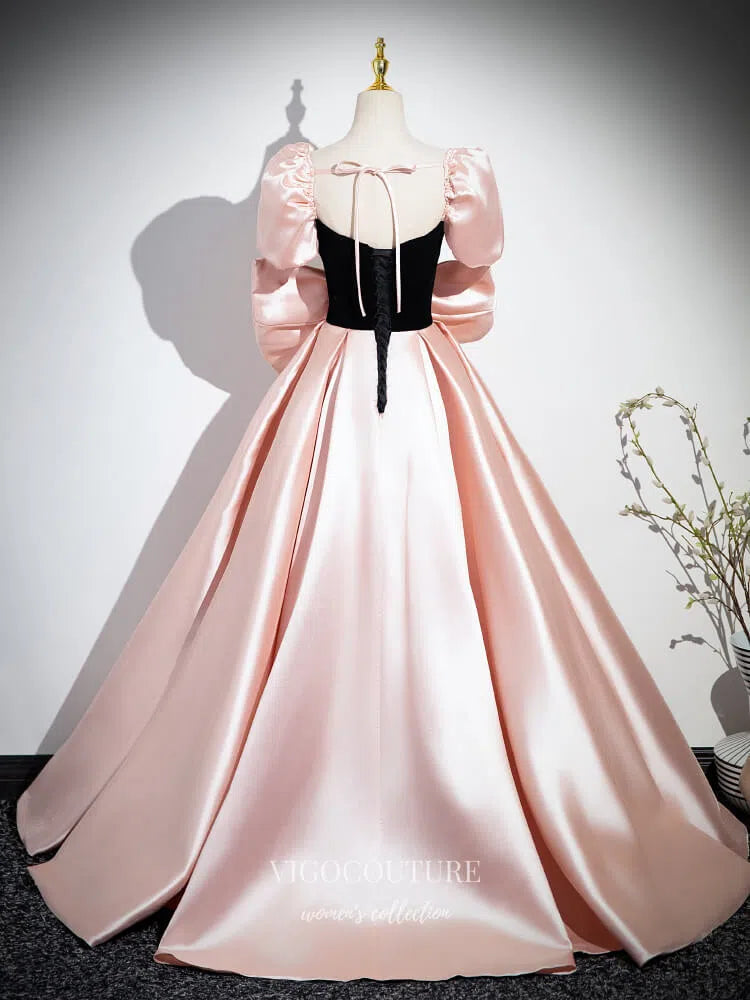 Pink Bow-Tie Puffed Sleeve Prom Dresses Satin Cute Princess Dress 2507 – vigocouture