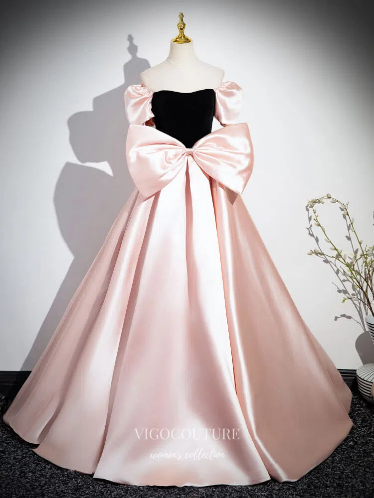 Pink Bow-Tie Puffed Sleeve Prom Dresses Satin Cute Princess Dress 25076 Pink / 20W Pink Bow-Tie Puffed Sleeve Prom Dresses Satin Cute Princess Dress 25076 Pink / 20W