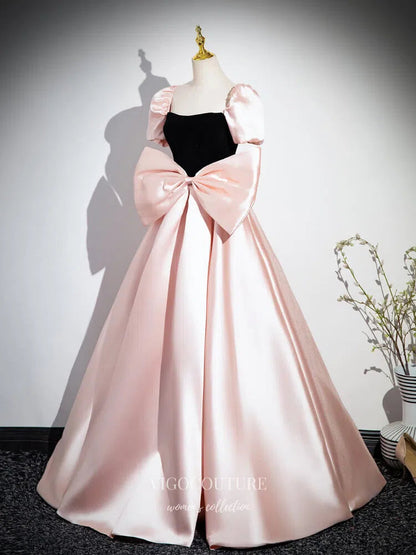 Pink Bow-Tie Puffed Sleeve Prom Dresses Satin Cute Princess Dress 25076 Pink / 20W Pink Bow-Tie Puffed Sleeve Prom Dresses Satin Cute Princess Dress 25076 Pink / 20W