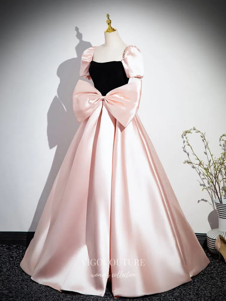 Prom Dress 2025 Pink Bow-Tie Puffed Sleeve Prom Dresses Satin Cute Princess Dress 25076-unique elegant Prom Dresses-Pink-Custom Size-vigocouture