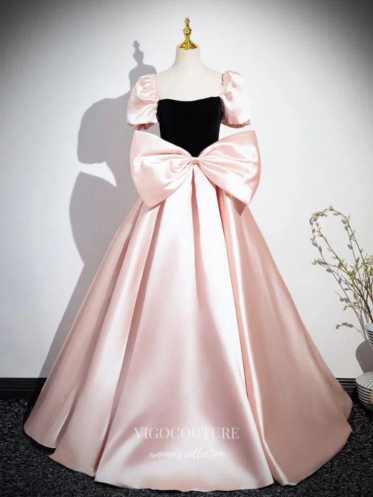 Prom Dress 2025 Pink Bow-Tie Puffed Sleeve Prom Dresses Satin Cute Princess Dress 25076-unique elegant Prom Dresses-Pink-Custom Size-vigocouture