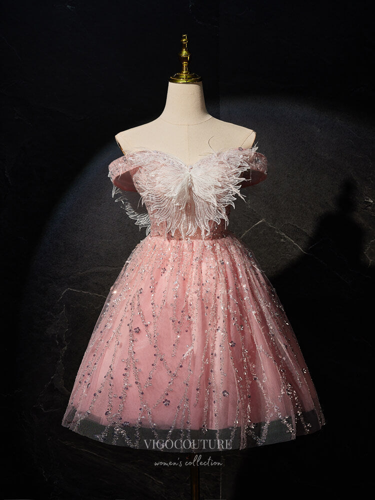 Pink Butterfly Homecoming Dress Beaded Off the Shoulder Graduation Dre – vigocouture