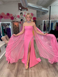 Pink Cape Sleeve Strapless Prom Dresses with Beaded Slit Satin Mermaid 24170