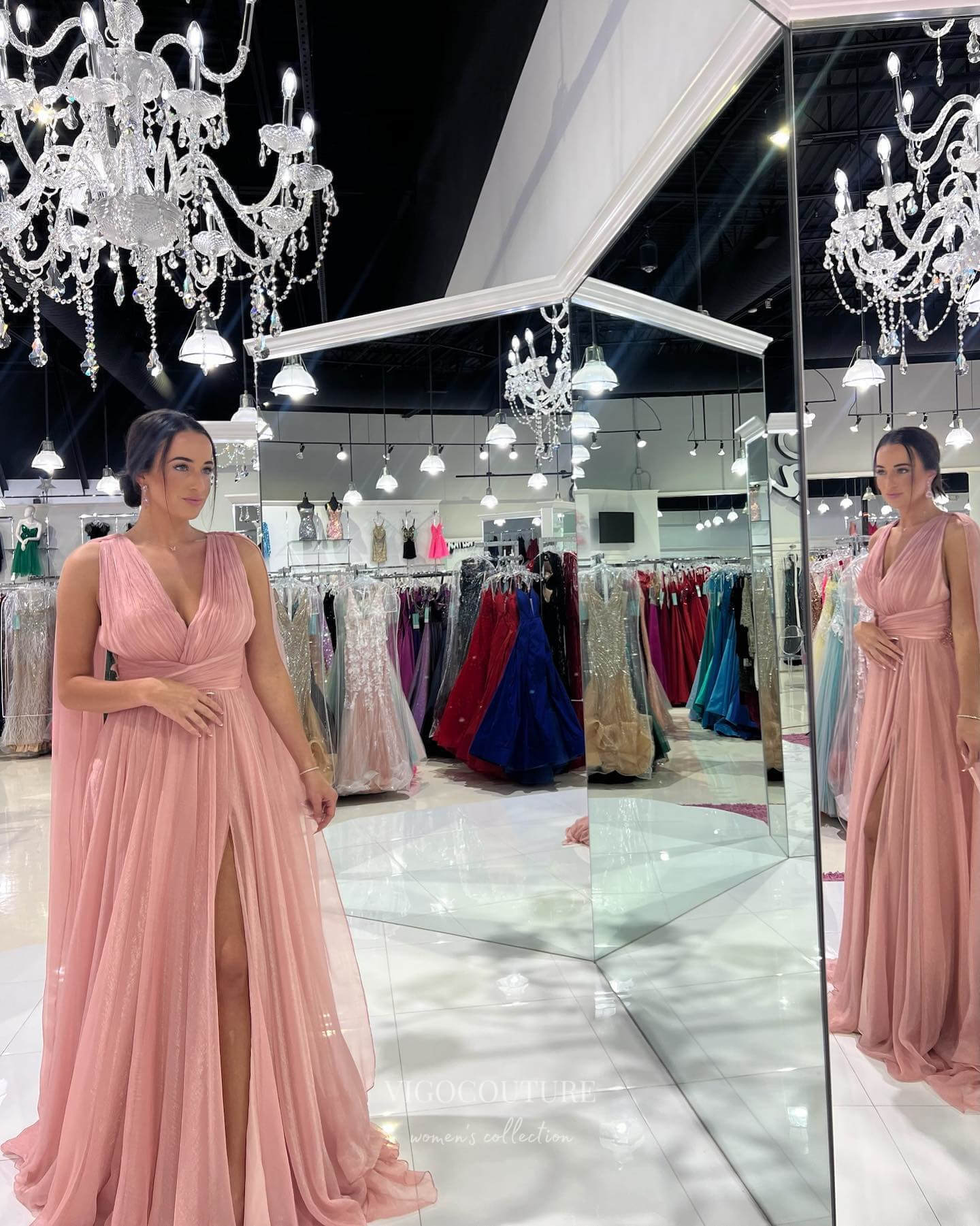 Prom Dress 2025 Pink Chiffon Cape Sleeve Prom Dresses with Slit V-Neck Evening Dress 24035-unique elegant Prom Dresses-Pink-Custom Size-vigocouture