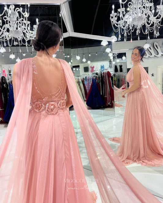 Prom Dress 2025 Pink Chiffon Cape Sleeve Prom Dresses with Slit V-Neck Evening Dress 24035-unique elegant Prom Dresses-Pink-Custom Size-vigocouture