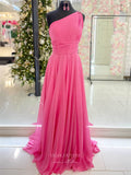 Prom Dress 2025 Pink Chiffon Pleated One Shoulder Prom Dresses Beaded Lace Strap 24140-unique elegant Prom Dresses-Pink-Custom Size-vigocouture