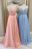 Prom Dress 2025 Pink Chiffon Prom Dresses Spaghetti Strap Plunging V-Neck Formal Gown 21910-unique elegant Prom Dresses-Pink-US2-vigocouture