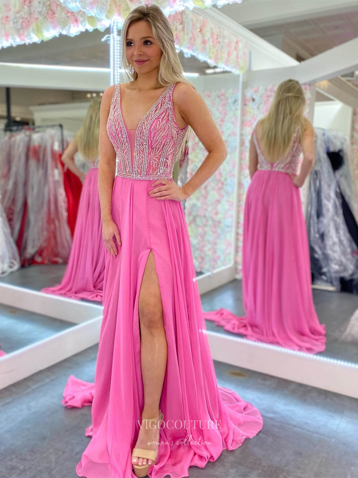 Prom Dress 2025 Pink Chiffon Sheath Prom Dresses with Slit Beaded Lace Bodice Plunging V-Neck 24128-unique elegant Prom Dresses-Pink-Custom Size-vigocouture