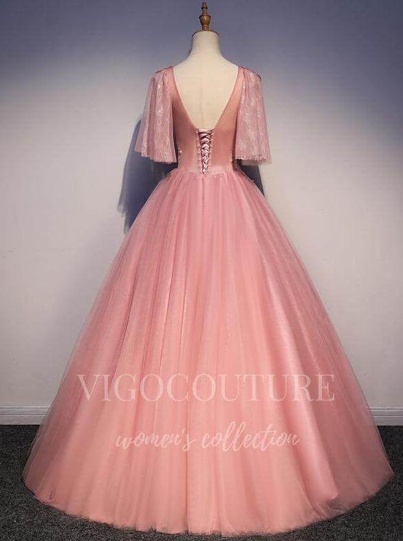 vigocouture-Pink Elbow Sleeve Beaded Quinceañera Dresses Lace Applique Ball Gown 20456-Prom Dresses-vigocouture-