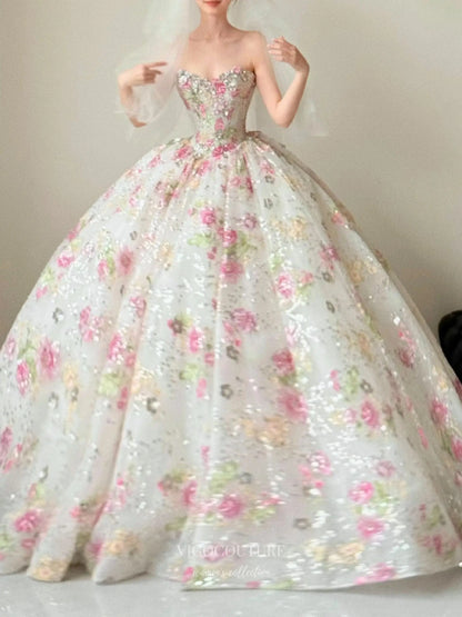 Prom Dresses 2025 to impress Floral Ball Gown Wedding Dress with 3D Appliqué, Sparkle Tulle Skirt and Strapless Sweetheart Bodice – F001-vigocouture-vigocouture