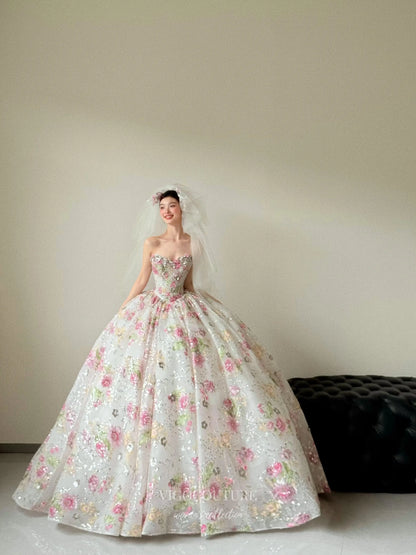 Prom Dresses 2025 to impress Floral Ball Gown Wedding Dress with 3D Appliqué, Sparkle Tulle Skirt and Strapless Sweetheart Bodice – F001-vigocouture-vigocouture