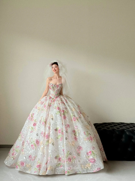 Prom Dresses 2025 to impress Floral Ball Gown Wedding Dress with 3D Appliqué, Sparkle Tulle Skirt and Strapless Sweetheart Bodice – F001-vigocouture-vigocouture