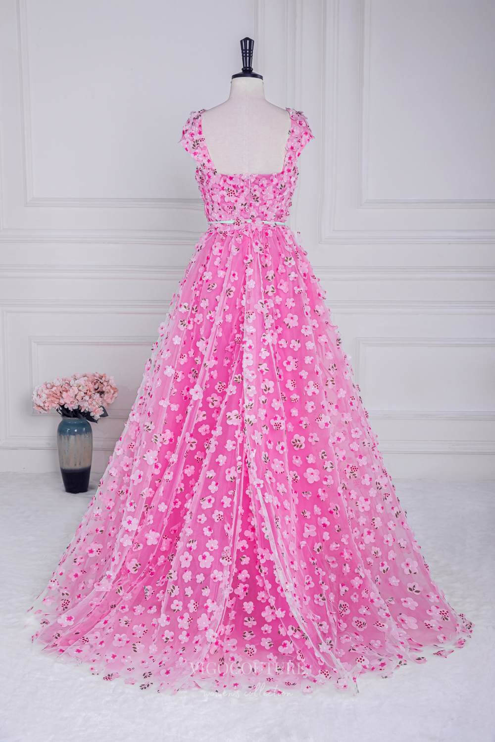 Prom Dress 2025 Pink Floral Blossom Prom Dresses with Slit Cape Sleeve Square Neck 24367-unique elegant Prom Dresses-Pink-Custom Size-vigocouture