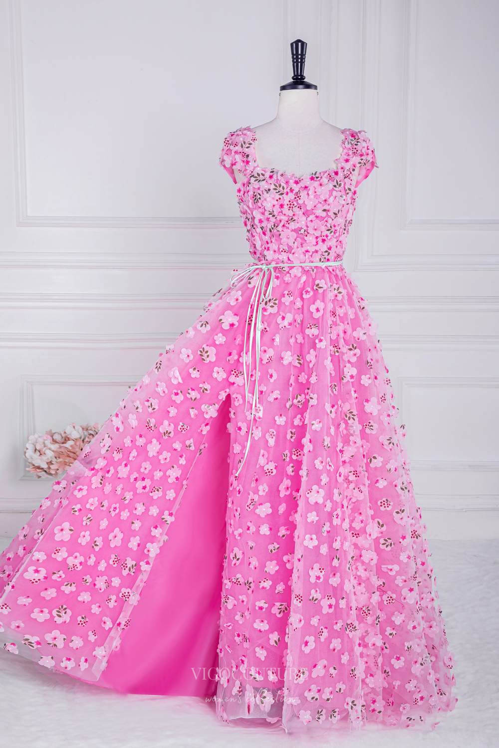 Prom Dress 2025 Pink Floral Blossom Prom Dresses with Slit Cape Sleeve Square Neck 24367-unique elegant Prom Dresses-Pink-Custom Size-vigocouture