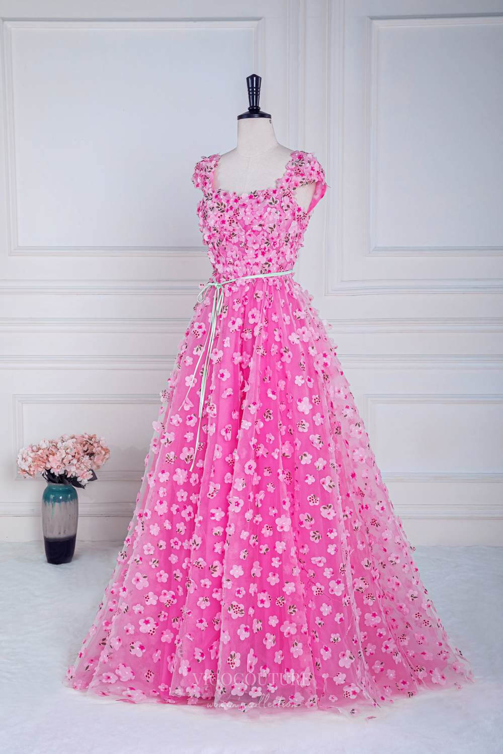 Prom Dress 2025 Pink Floral Blossom Prom Dresses with Slit Cape Sleeve Square Neck 24367-unique elegant Prom Dresses-Pink-Custom Size-vigocouture