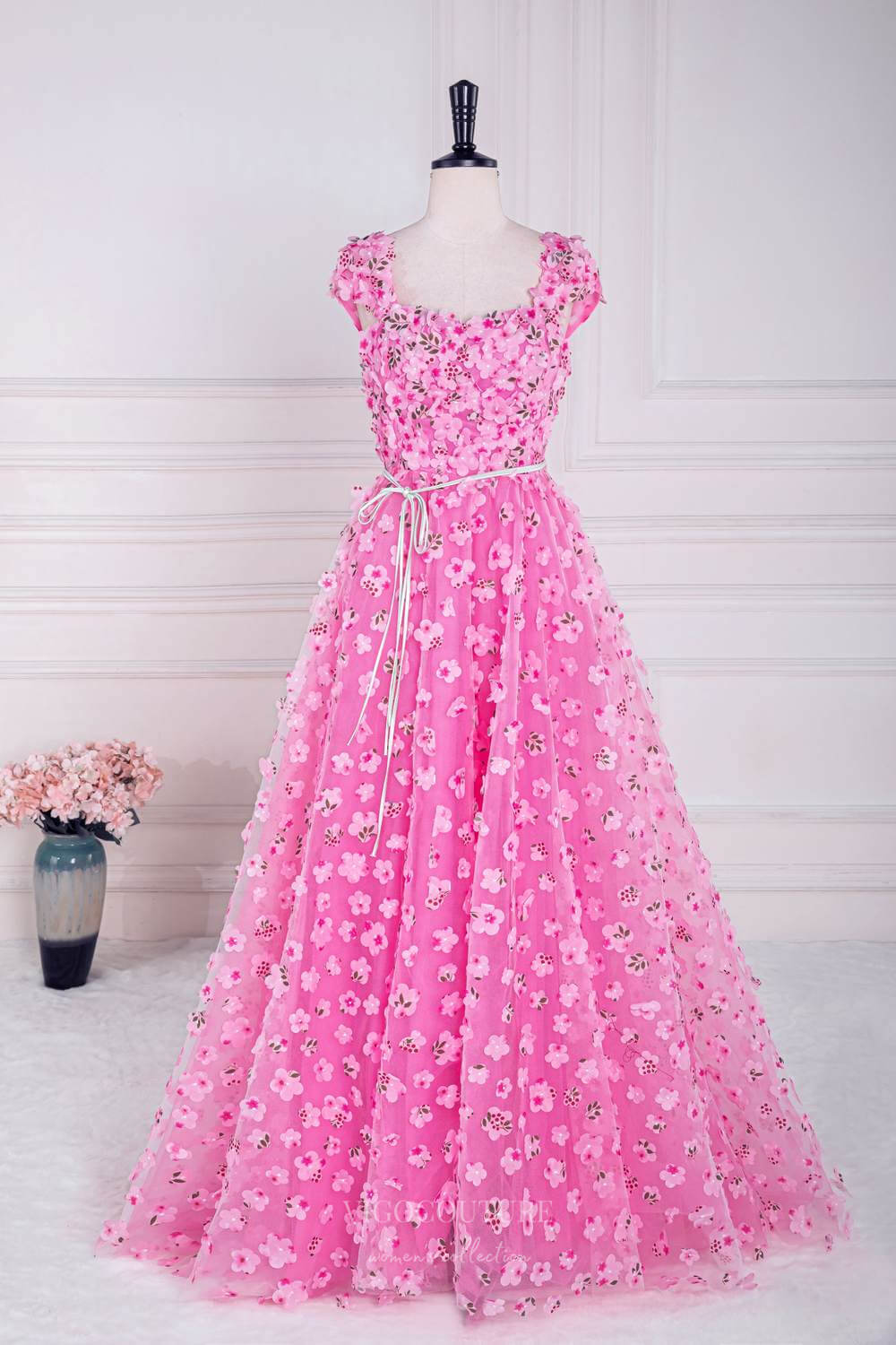 Prom Dress 2025 Pink Floral Blossom Prom Dresses with Slit Cape Sleeve Square Neck 24367-unique elegant Prom Dresses-Pink-Custom Size-vigocouture