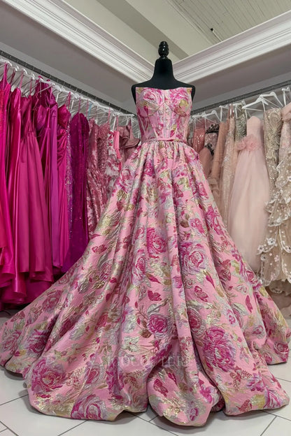 Pink Floral Jacquard Strapless Sweetheart Ball Gown Prom Dress – TH007 – vigocouture