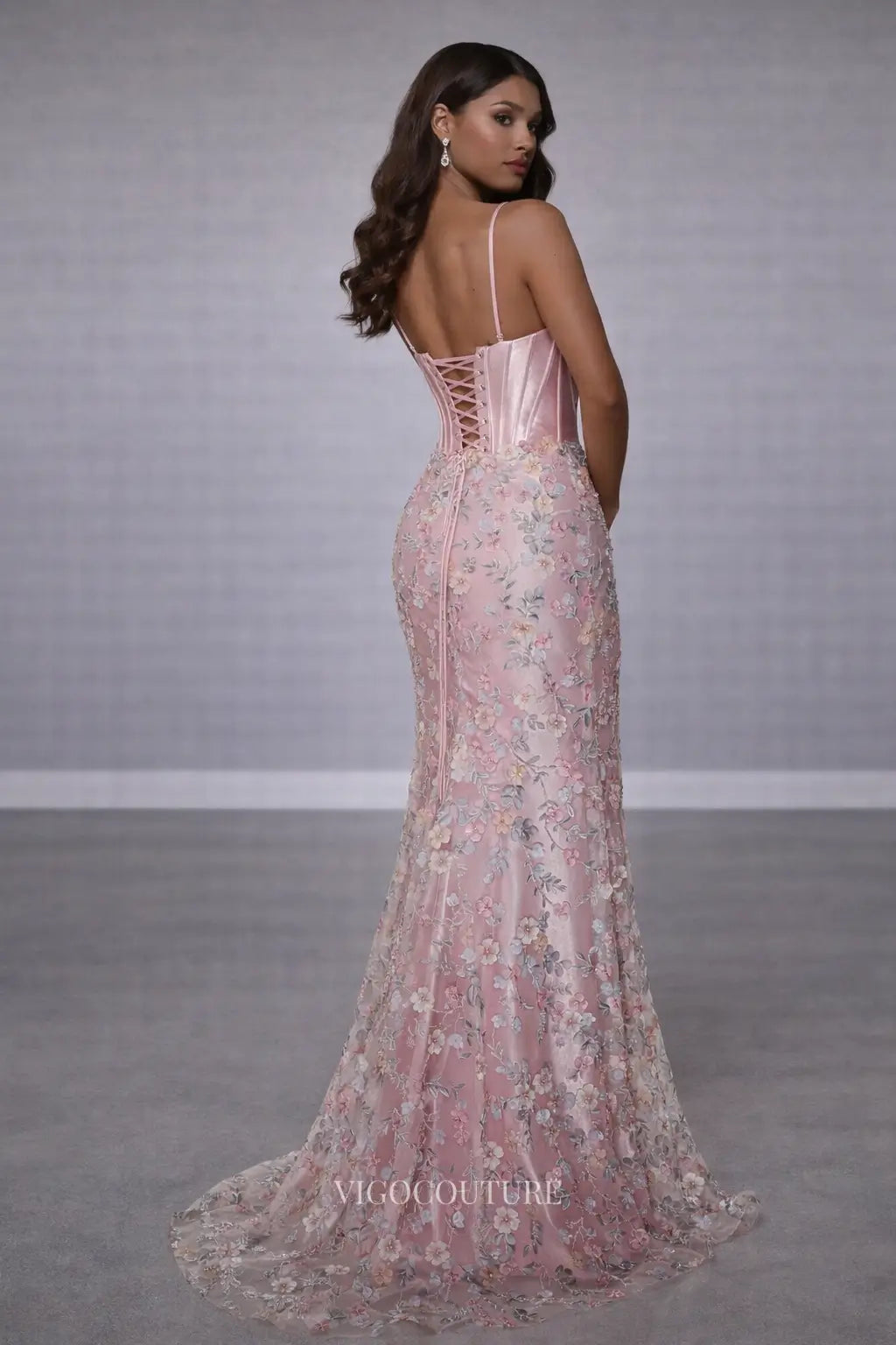 Prom Dresses 2025 to impress Pink Floral Mermaid Prom Dress with Satin Corset Bodice & Lace-Up Back - VG020-vigocouture-vigocouture