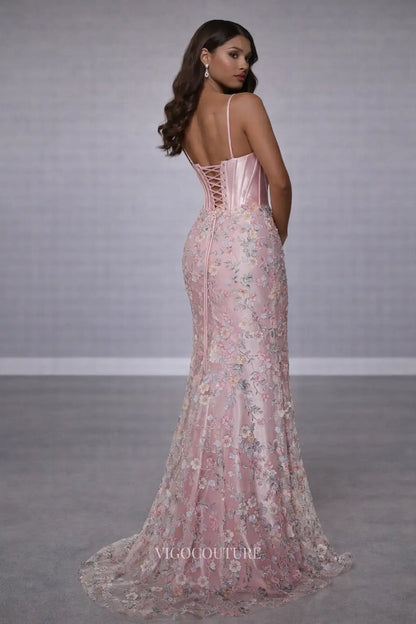 Prom Dresses 2025 to impress Pink Floral Mermaid Prom Dress with Satin Corset Bodice & Lace-Up Back - VG020-vigocouture-vigocouture