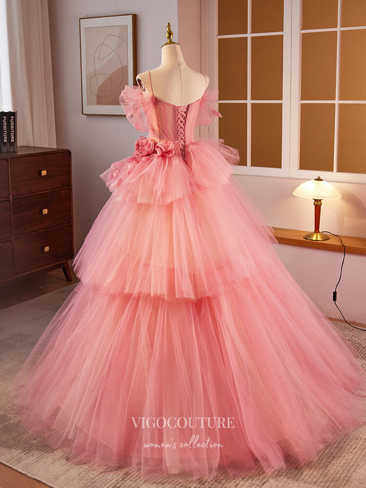 Prom Dress 2025 Pink Floral Off the Shoulder Prom Dresses Tiered Tulle Quinceanera Dress 24395-unique elegant Prom Dresses-Pink-Custom Size-vigocouture