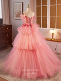 Prom Dress 2025 Pink Floral Off the Shoulder Prom Dresses Tiered Tulle Quinceanera Dress 24395-unique elegant Prom Dresses-Pink-Custom Size-vigocouture